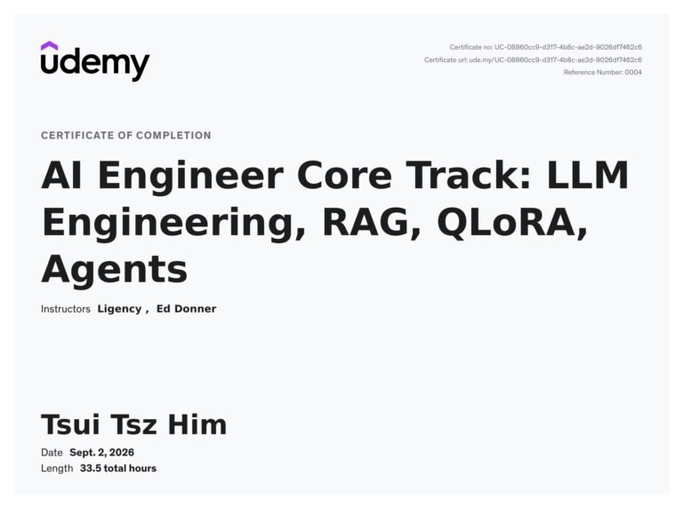 My udemy cert of AI Engineer core track course
