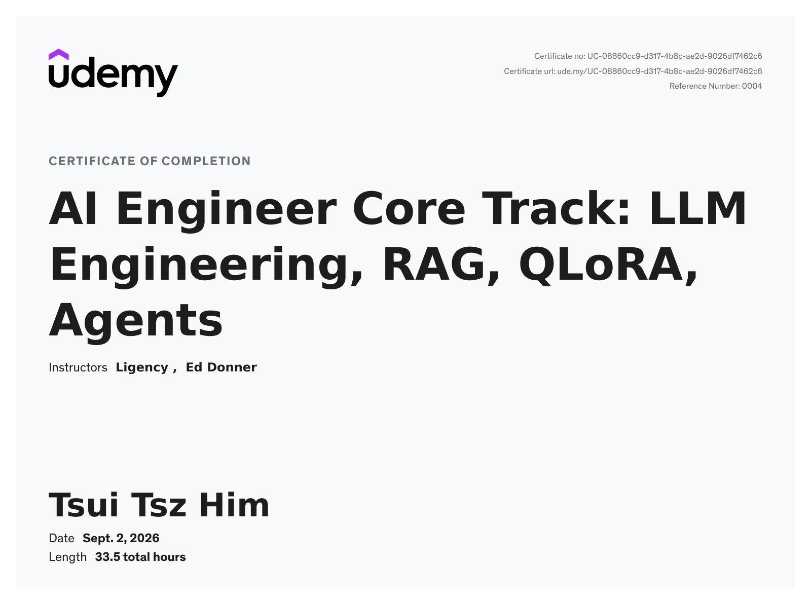 My udemy cert of AI Engineer core track course