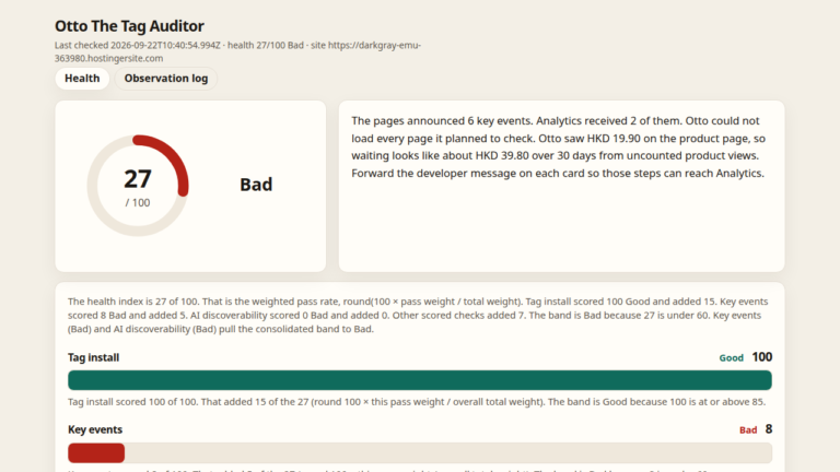 Otto The Tag Auditor health dashboard — score gauge 27/100 Bad on the left, executive summary, Tag install / Key events / AI discoverability rows, from a 22 Sep 2026 dogfood scan. No overlay.