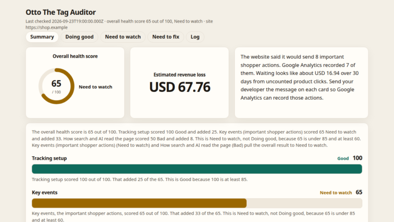 Otto The Tag Auditor Summary tab — Overall health score 65/100 Need to watch on the left, Estimated revenue loss USD 67.76 in the middle, five tabs Summary / Doing good / Need to watch / Need to fix / Log. No overlay.