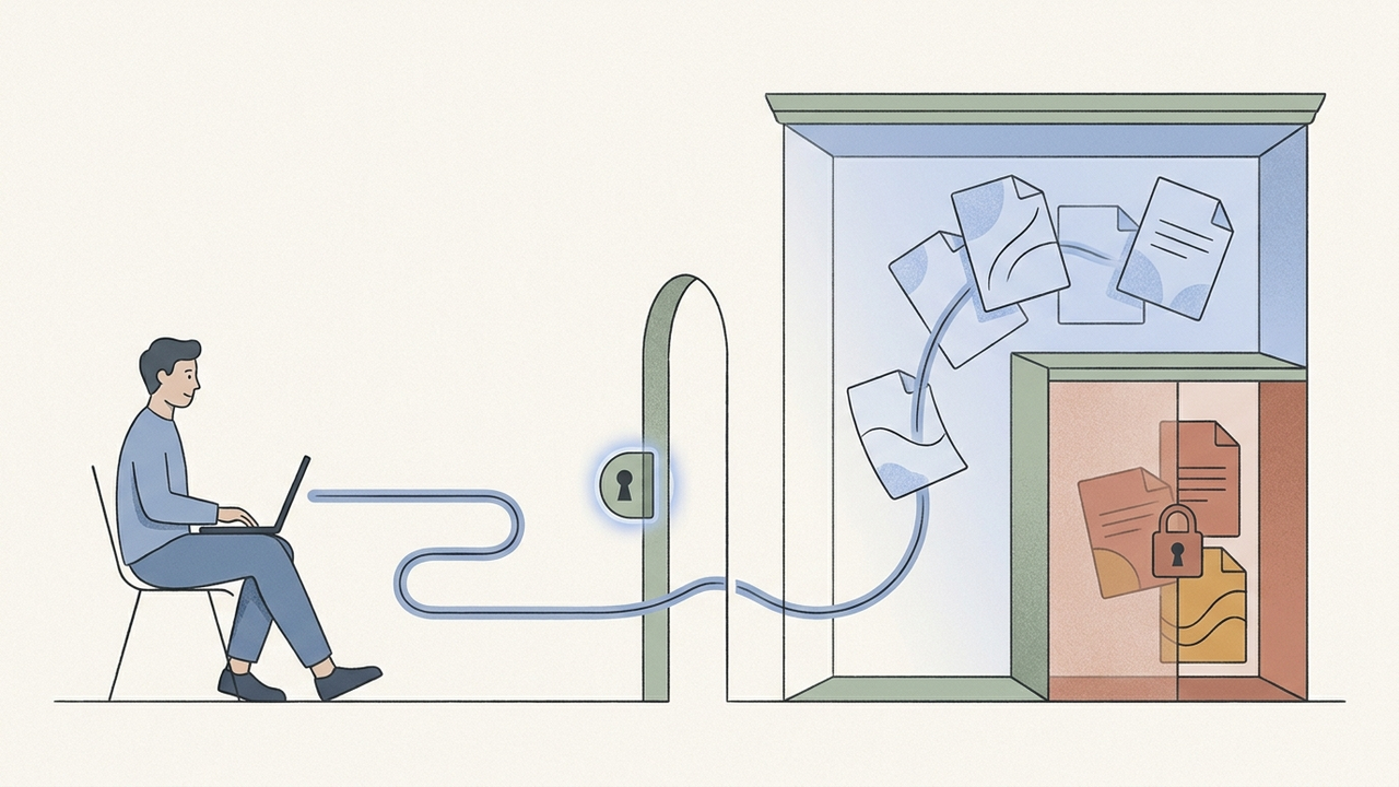 Conceptual illustration of a person using a laptop, with a blue path passing through an access checkpoint to available documents. Other documents remain behind a closed partition, representing restricted information.